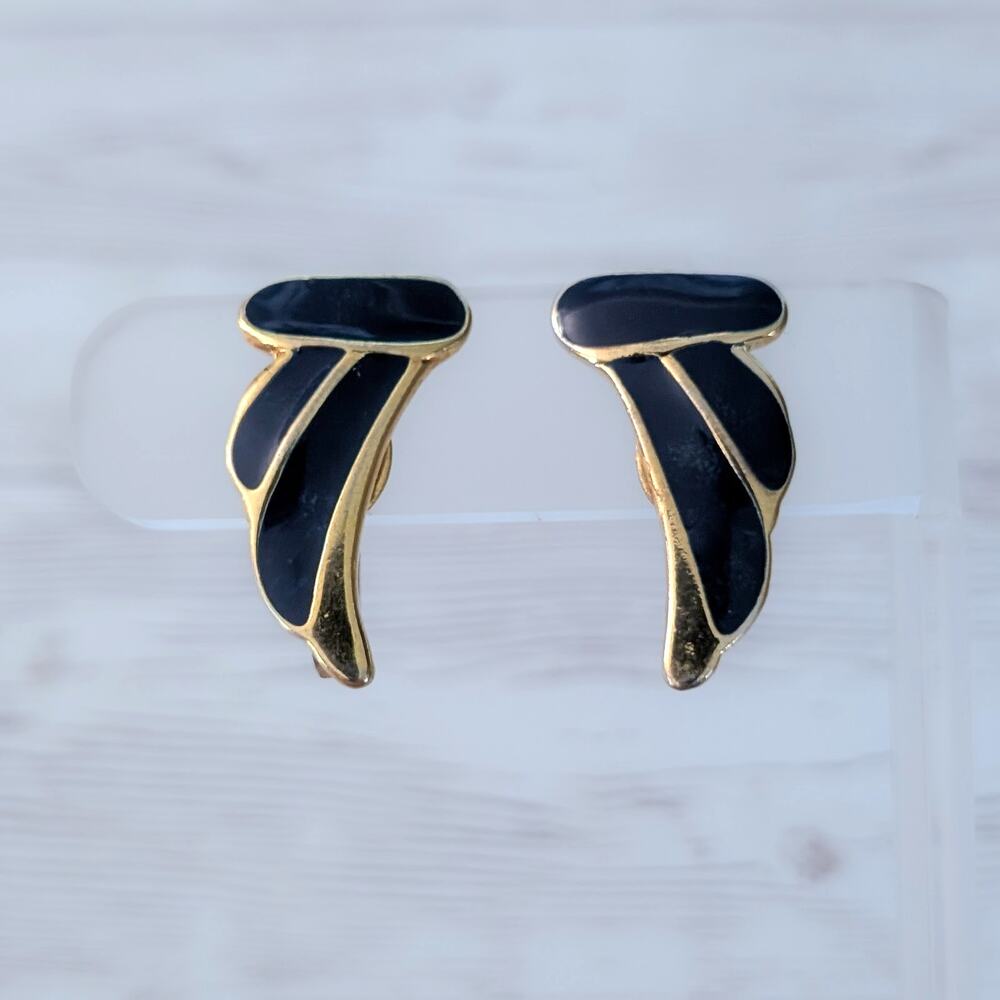 Vintage Clip On Earrings Stylish Blue Enamel & Gold Tone - Fair Condition